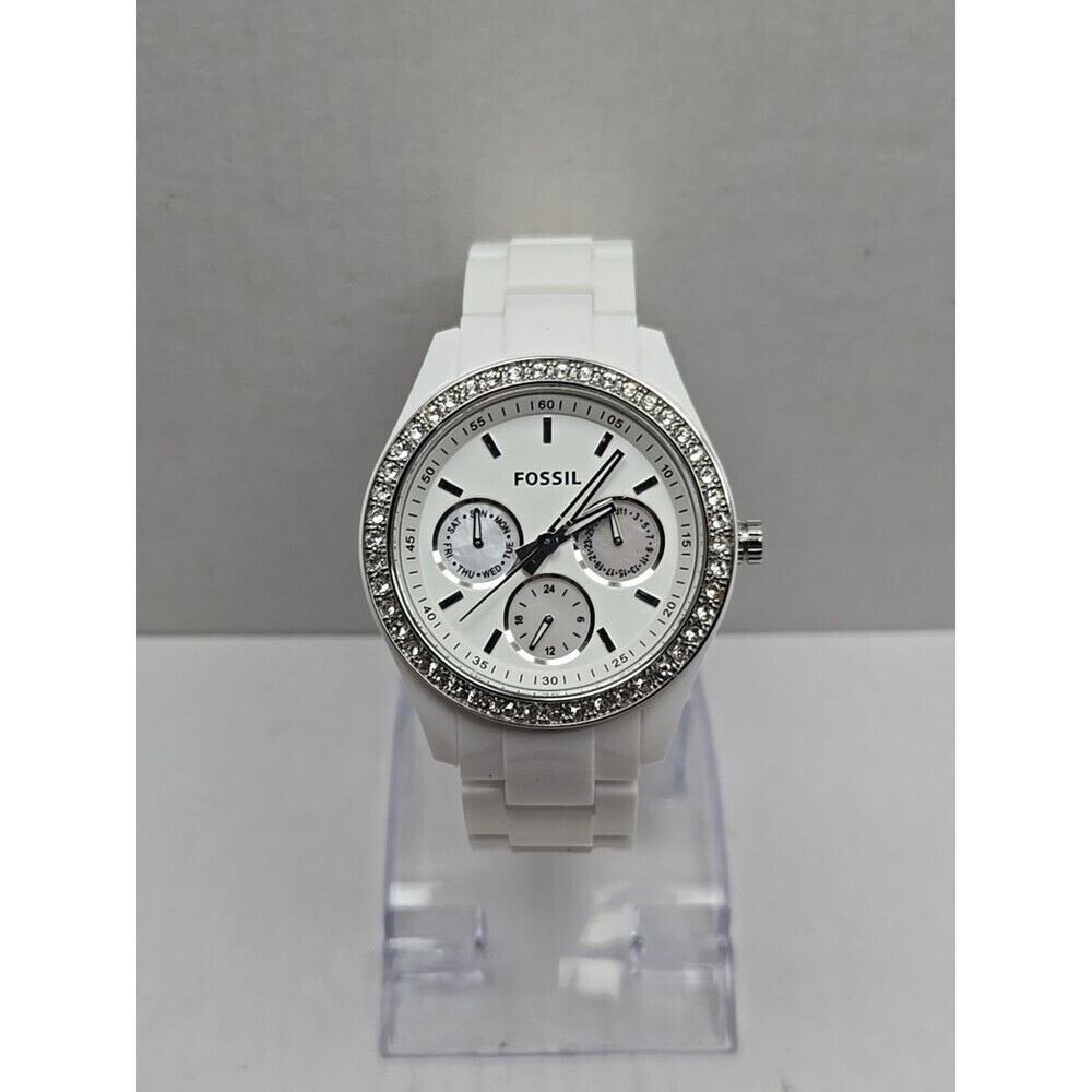 Fossil Stella Es1967 Womens White Crystal Bezel Multifunction Quartz New Battery